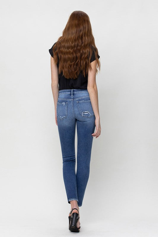 Distressed Dark Denim Mid Rise Skinny Capris