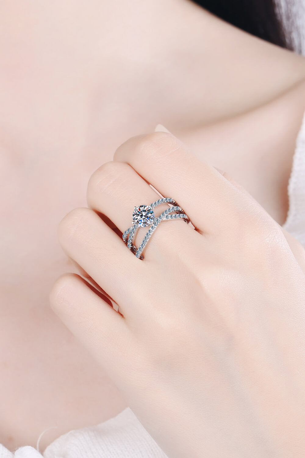 Brilliant Moissanite and Sterling Silver Crisscross Ring