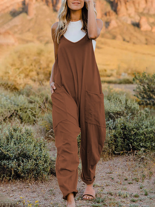 Onesie With Sleeveless V-Neck Pocketed Jumpsuit