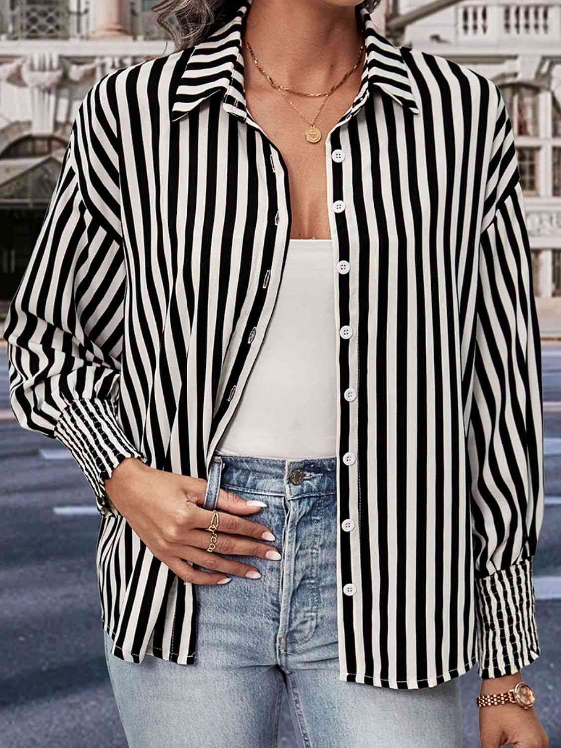 Striped Collar Long Sleeve Buttoned Up Shirt