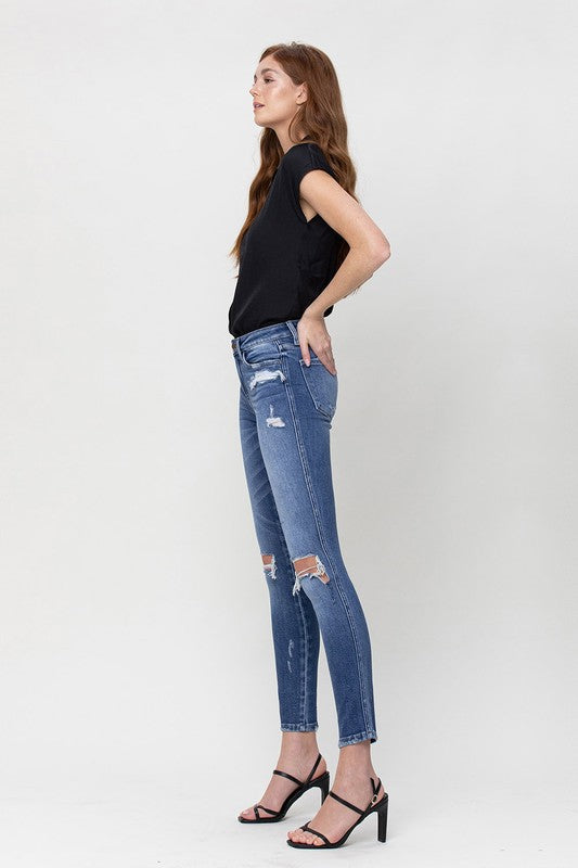 Distressed Dark Denim Mid Rise Skinny Capris