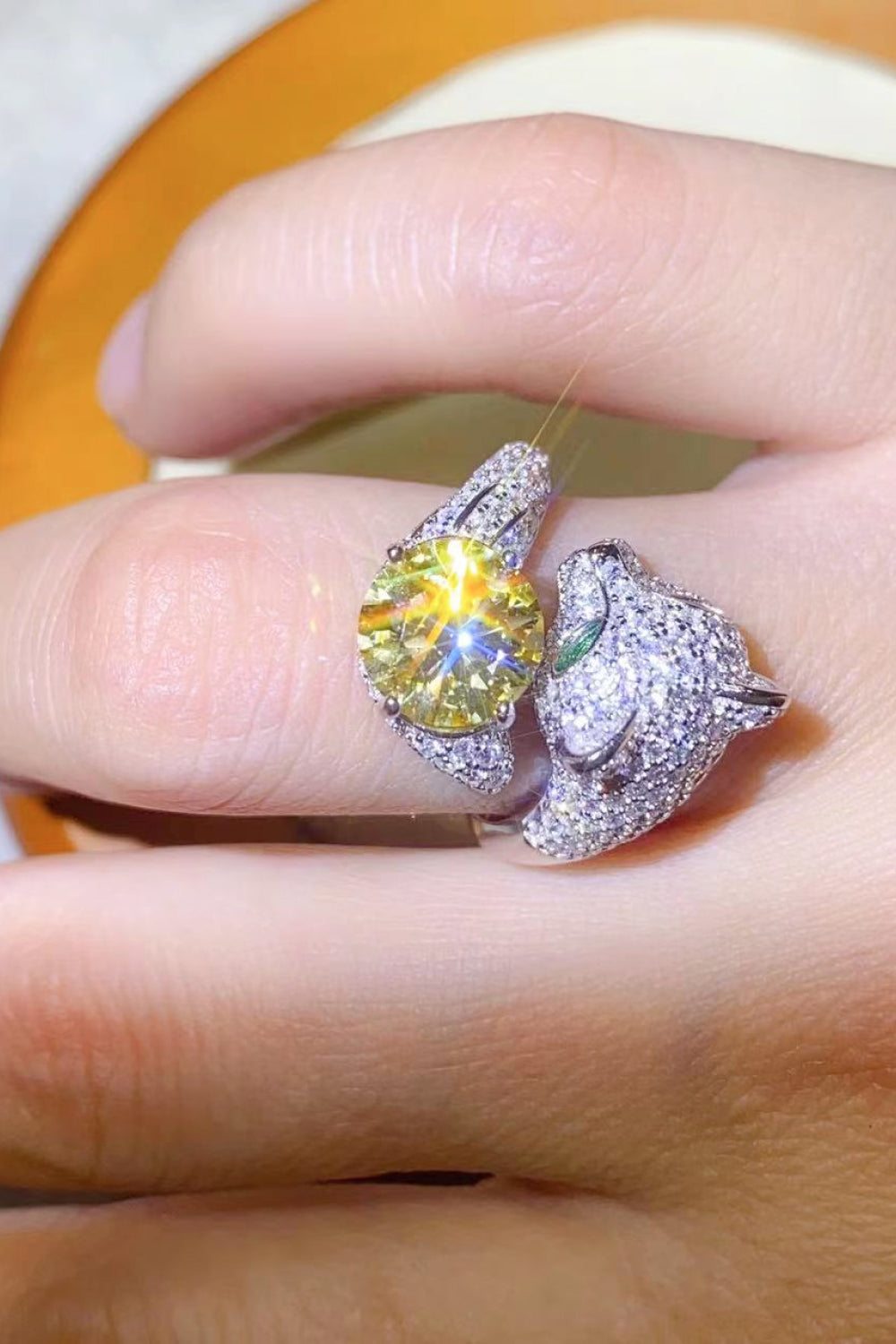 2 Carat Yellow Moissanite Gem  Feline Shaped Ring