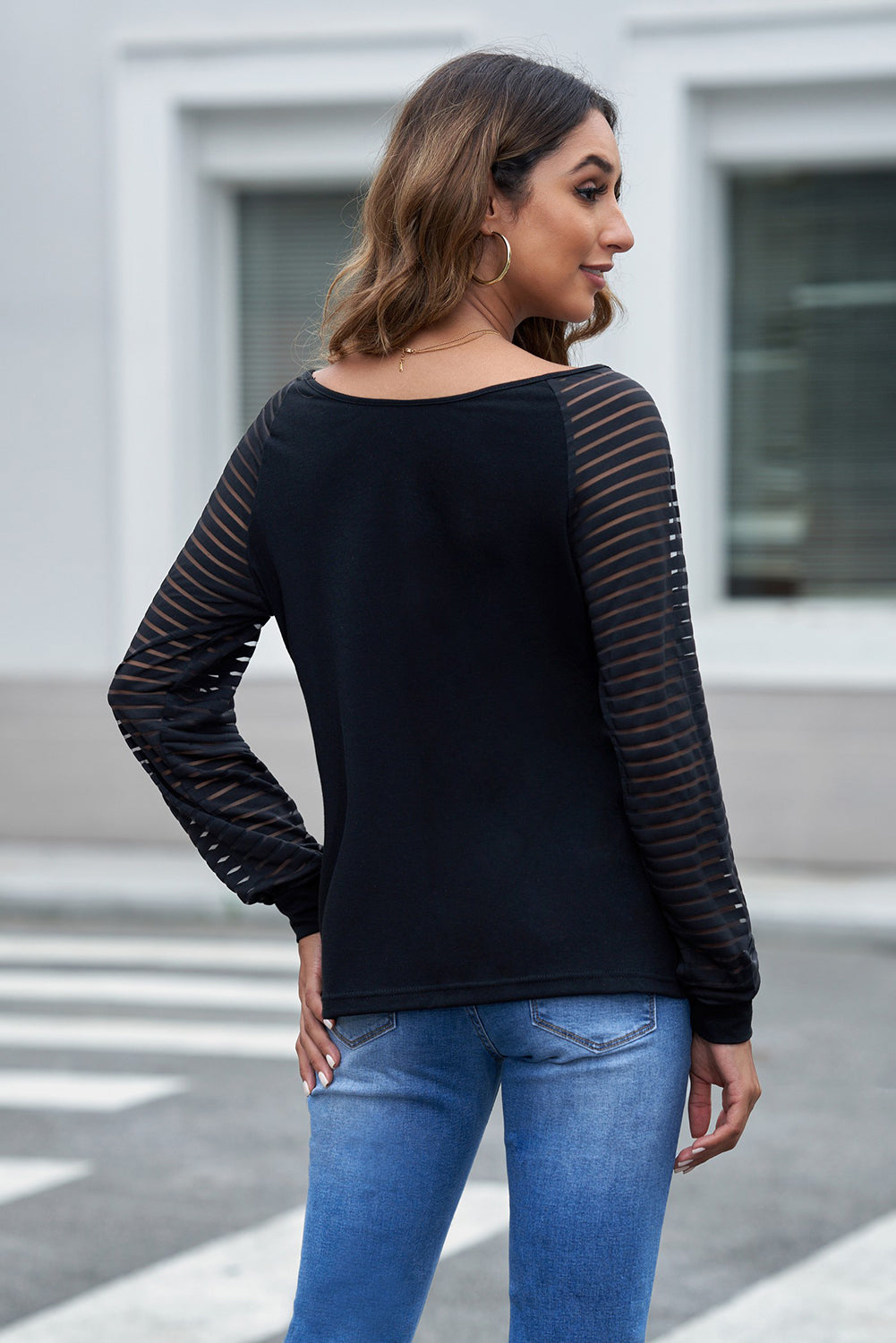 Sheer Striped Sleeve V-Neck Top