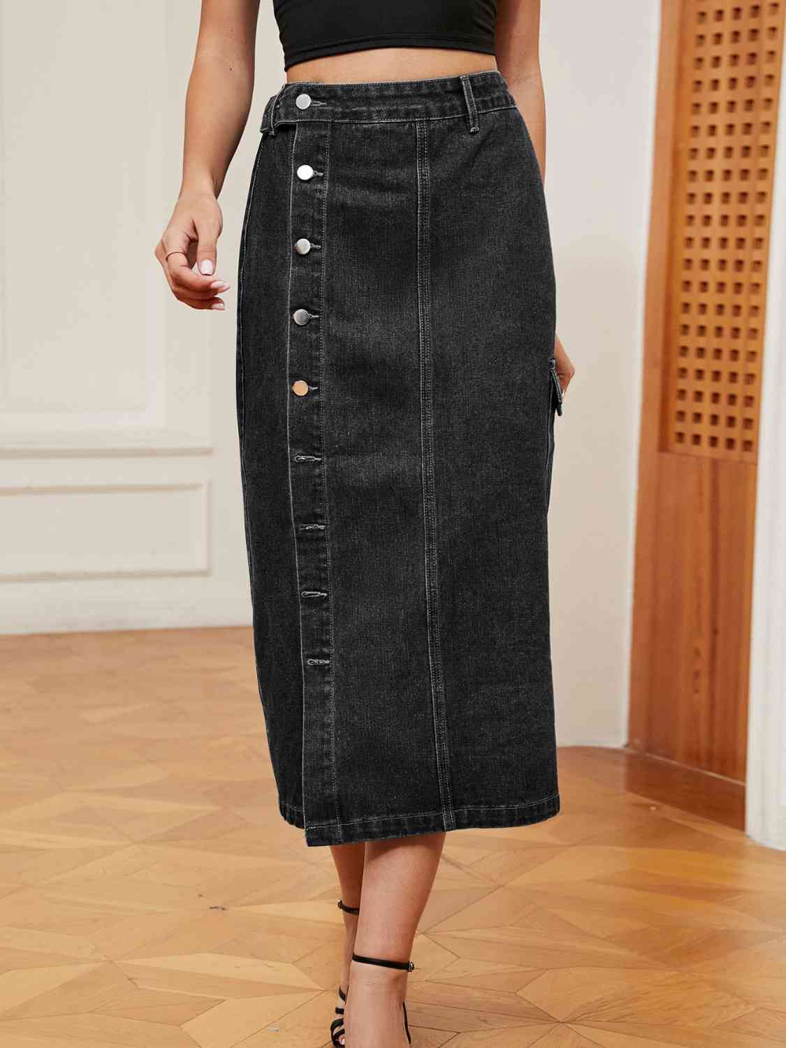 Casual Button Down Denim Midi Skirt