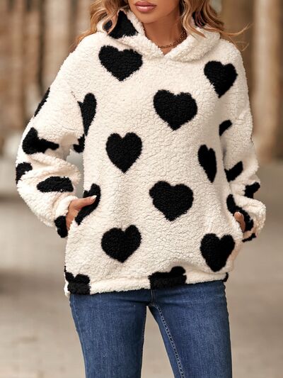 Warm White Fuzzy Heart Print Pocketed Hoodie