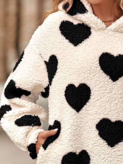 Warm White Fuzzy Heart Print Pocketed Hoodie