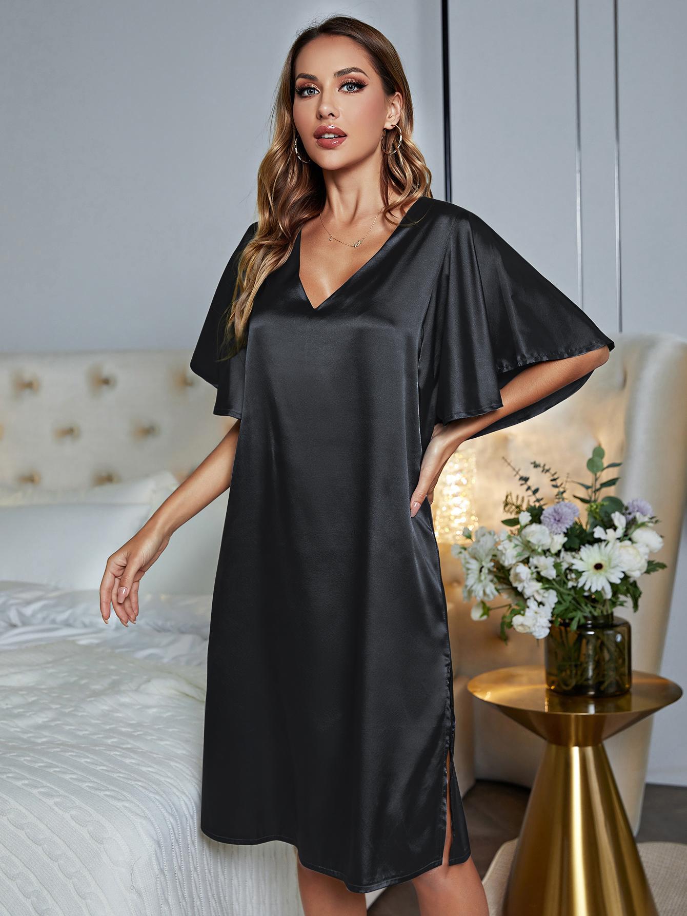 V-Neck Flutter Sleeve Pullover Night Robe