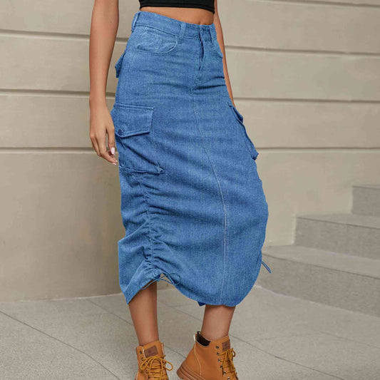 Drawstring Side Ruched Denim Midi Skirt