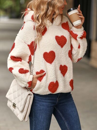 Warm White Fuzzy Heart Print Pocketed Hoodie