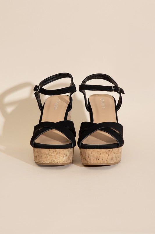 Black Wedge Sandals with Cork Color Heel