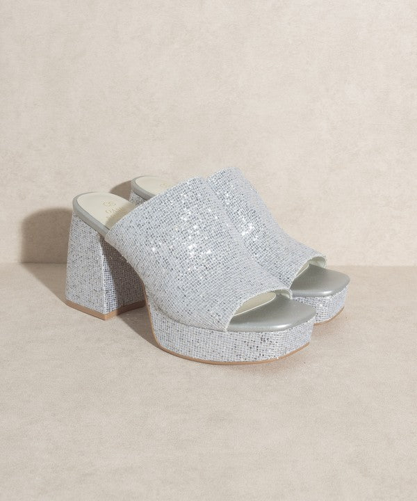 Sparkling Silver Platform Chunky Heel  Slides