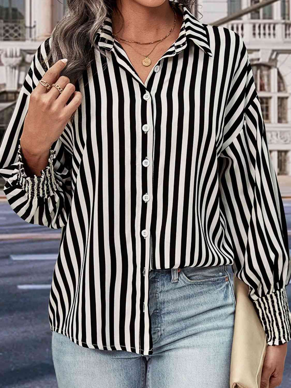 Striped Collar Long Sleeve Buttoned Up Shirt