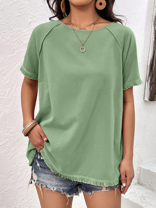 Round Neck Raglan Sleeve Fringe Detail Hem Top