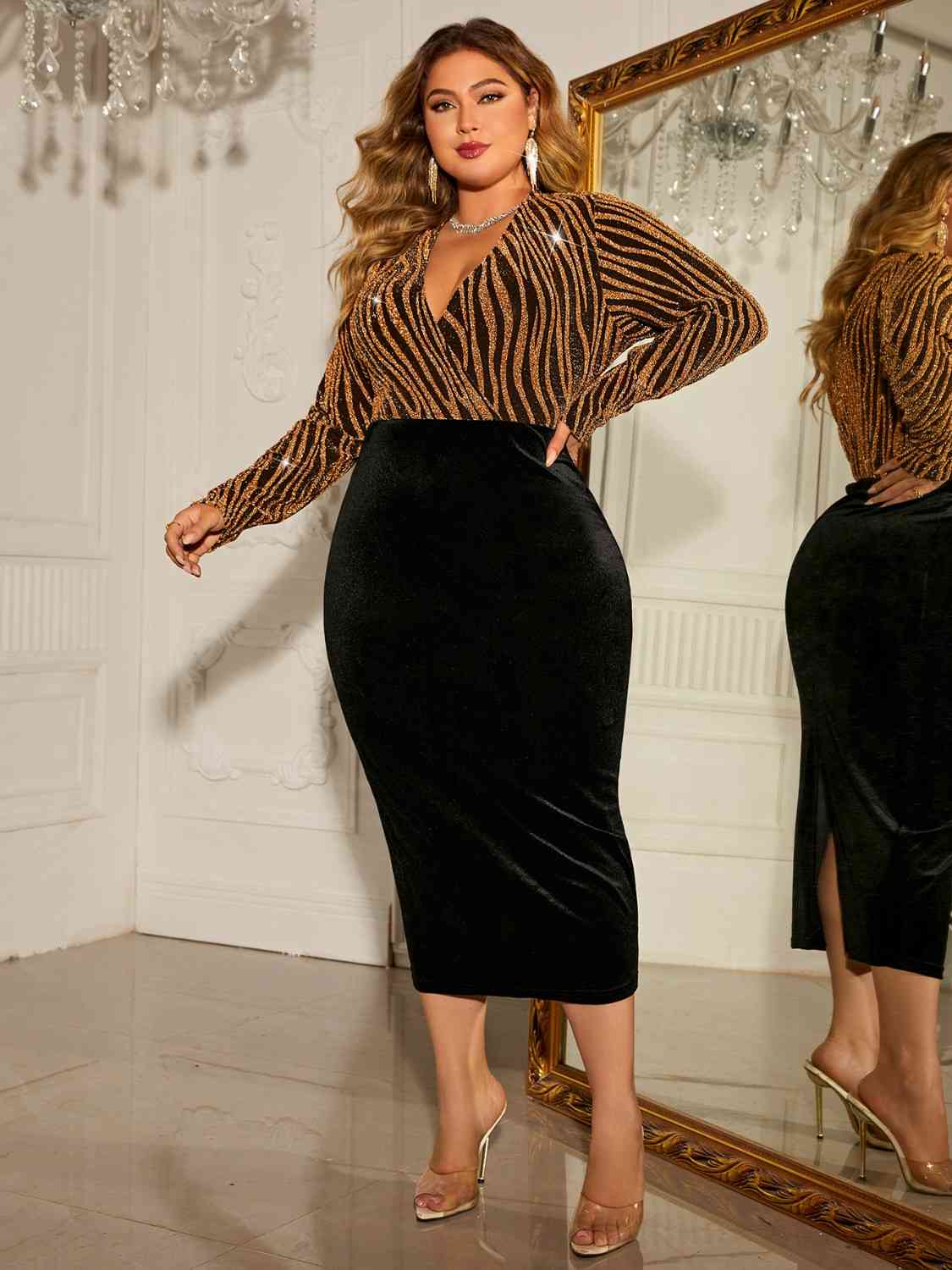 Tiger Print Long Sleeve Black Dress