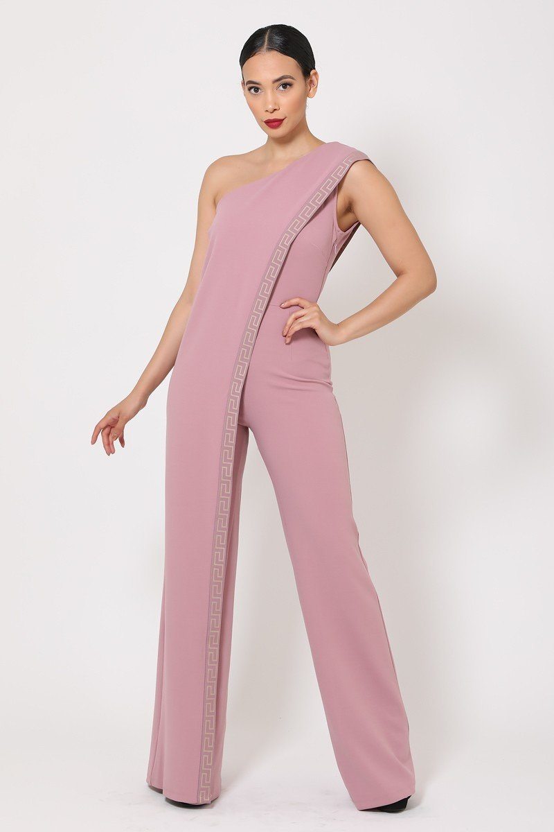 Mauve One Shoulder Greek Border Drape Jumpsuit