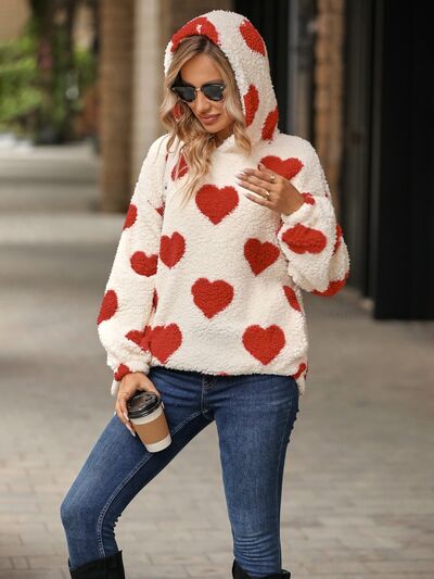 Warm White Fuzzy Heart Print Pocketed Hoodie