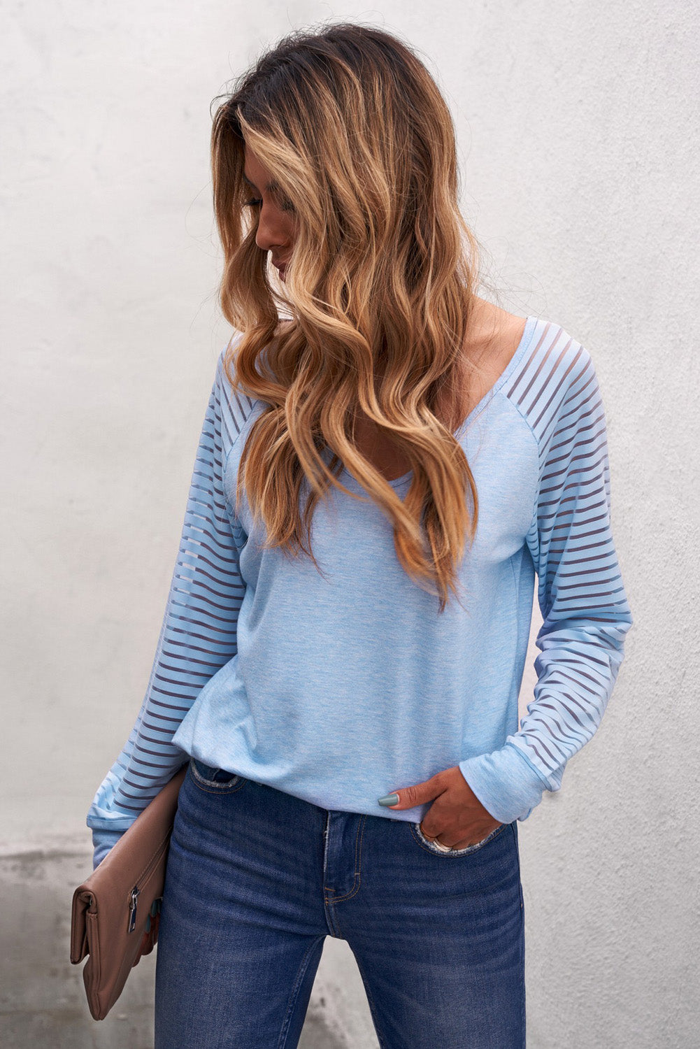 Sheer Striped Sleeve V-Neck Top