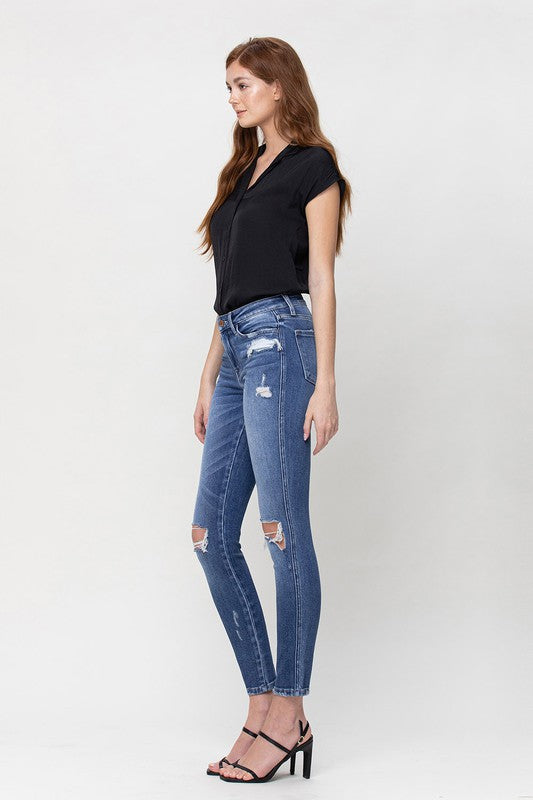 Distressed Dark Denim Mid Rise Skinny Capris