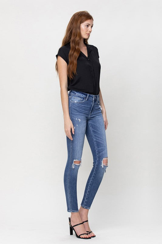 Distressed Dark Denim Mid Rise Skinny Capris