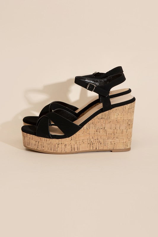 Black Wedge Sandals with Cork Color Heel