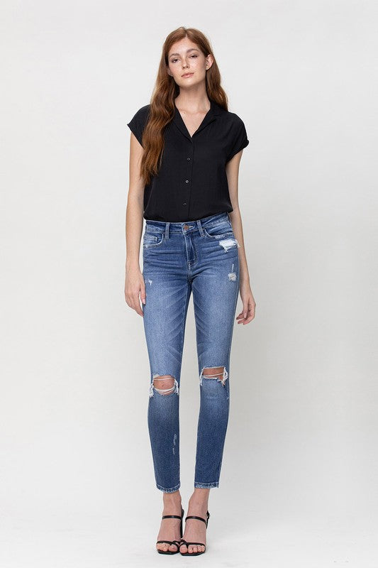 Distressed Dark Denim Mid Rise Skinny Capris