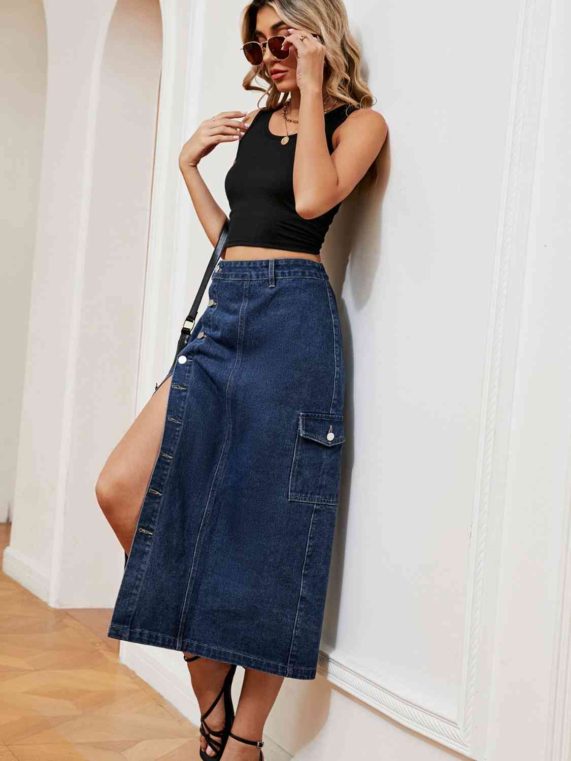 Casual Button Down Denim Midi Skirt