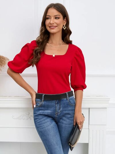 Women Square Neck Puffy Lantern Sleeve Blouse