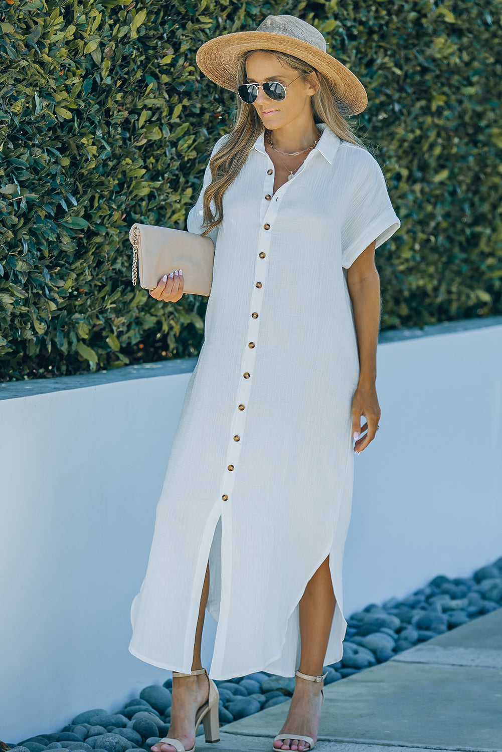 Textured Collared Button Down Shirt Dress