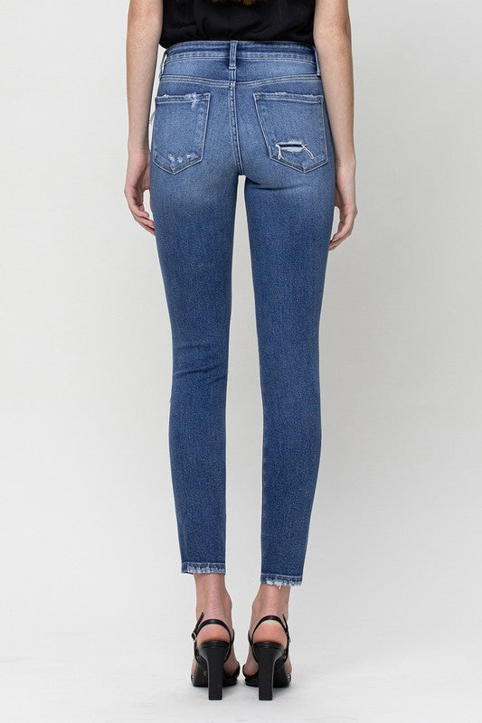 Distressed Dark Denim Mid Rise Skinny Capris