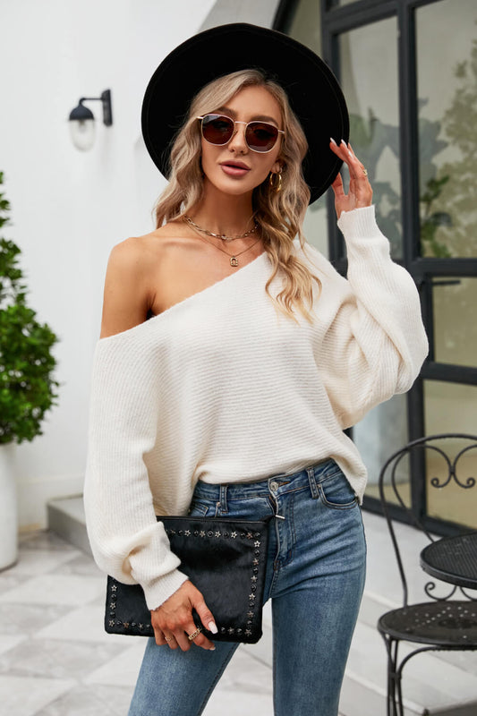 Shoulder Out Boat Neck Horizontal Ribbing Dolman Sleeve Sweater