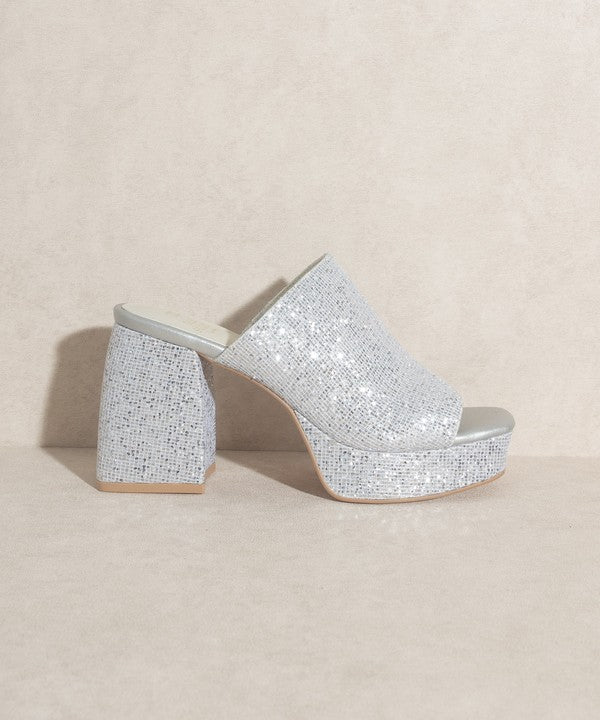 Sparkling Silver Platform Chunky Heel  Slides