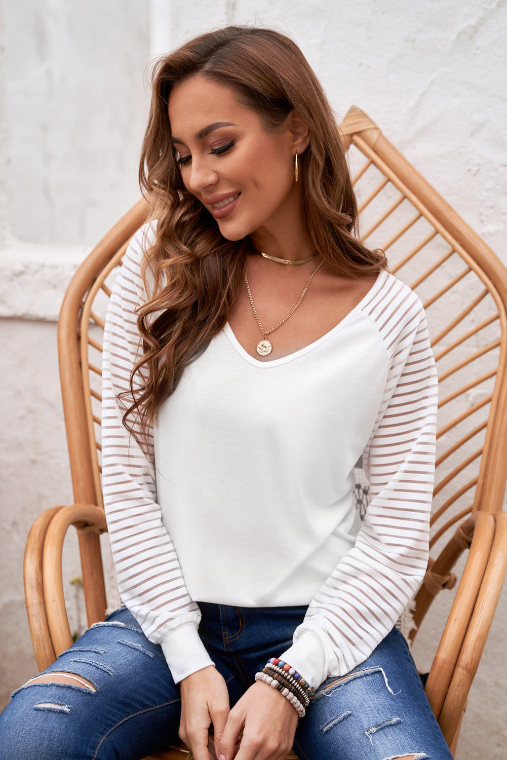 Sheer Striped Sleeve V-Neck Top