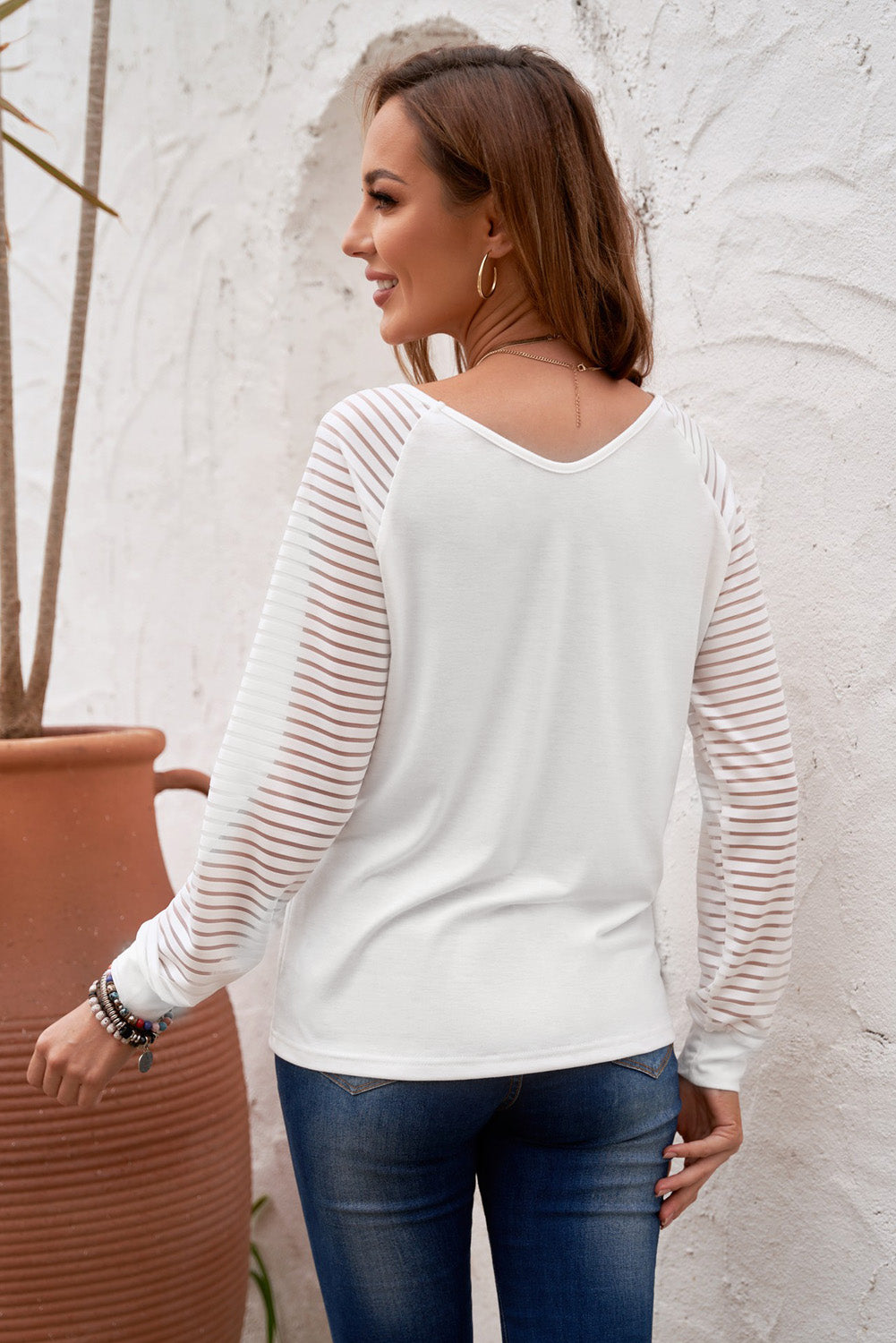 Sheer Striped Sleeve V-Neck Top