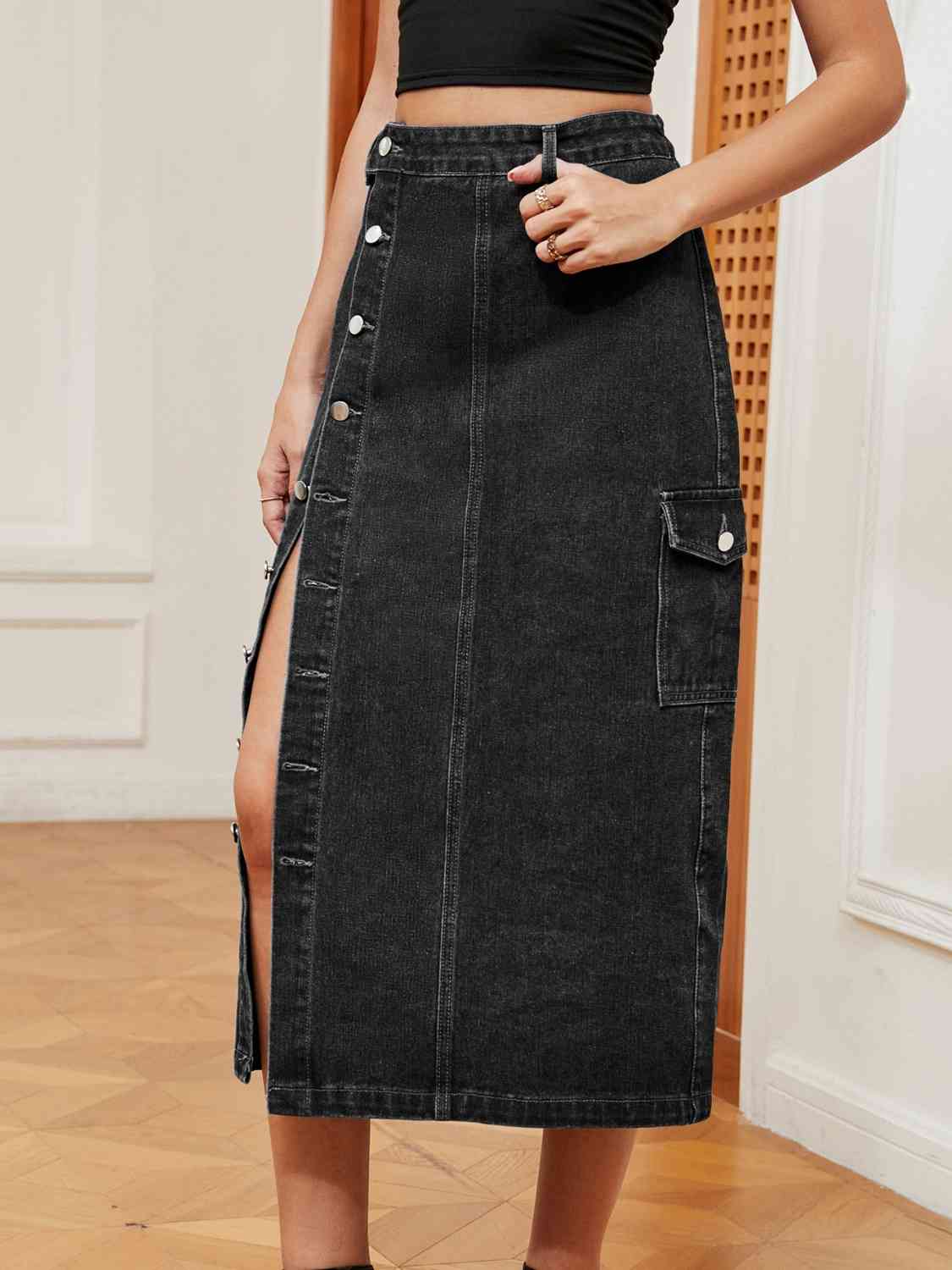 Casual Button Down Denim Midi Skirt