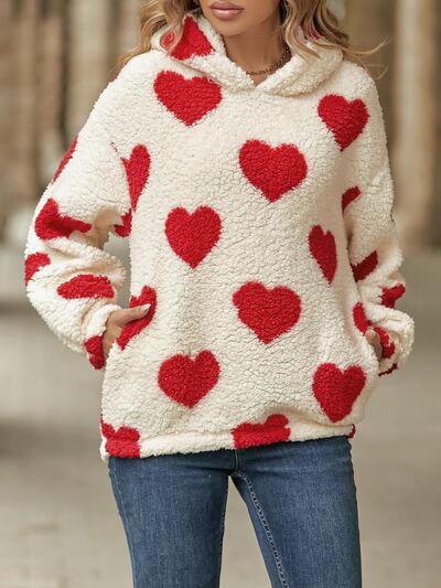 Warm White Fuzzy Heart Print Pocketed Hoodie