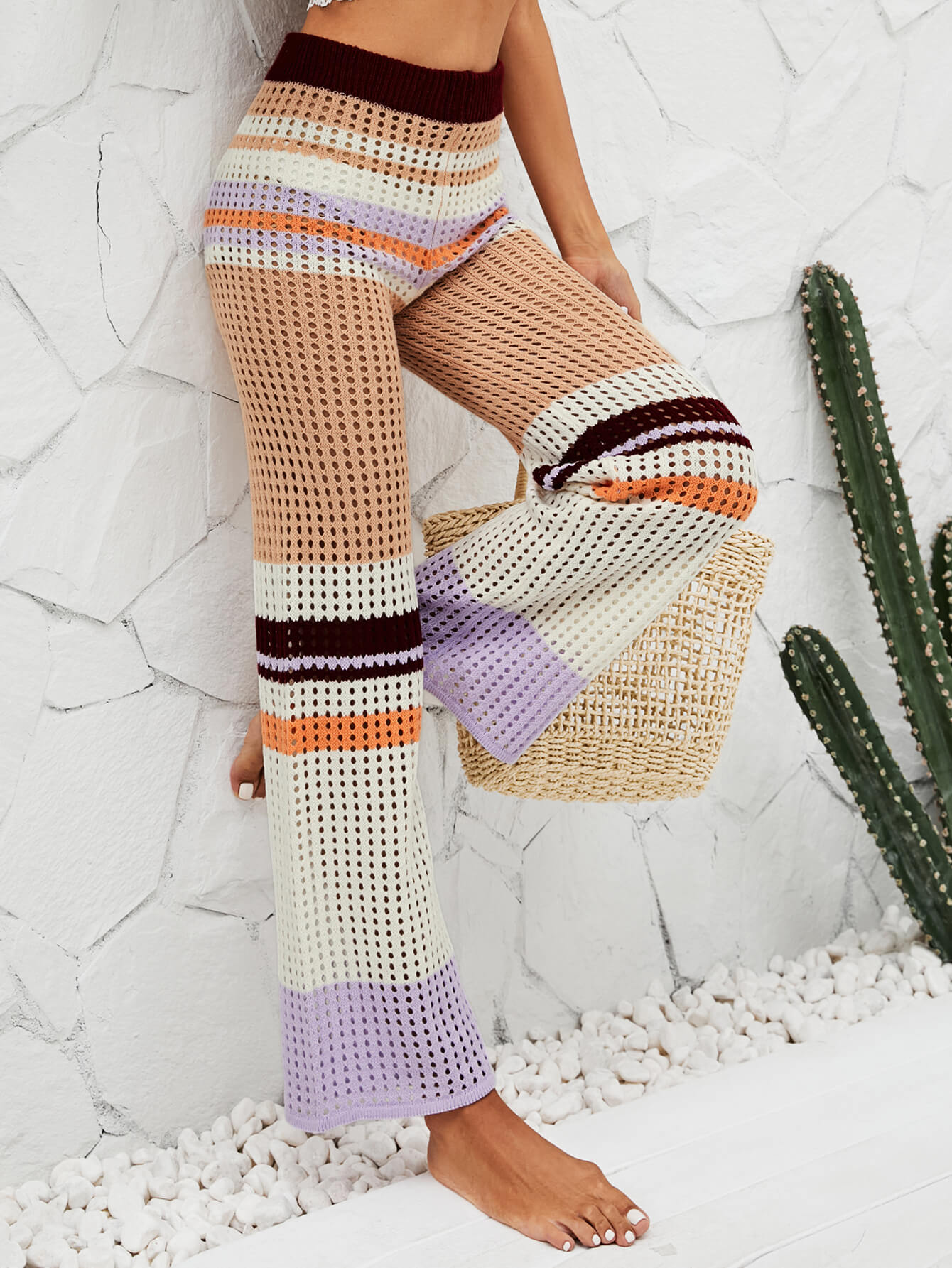 Color Block Openwork Crochet  Knit Pants