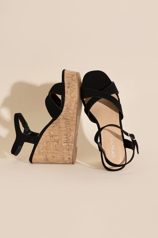 Black Wedge Sandals with Cork Color Heel