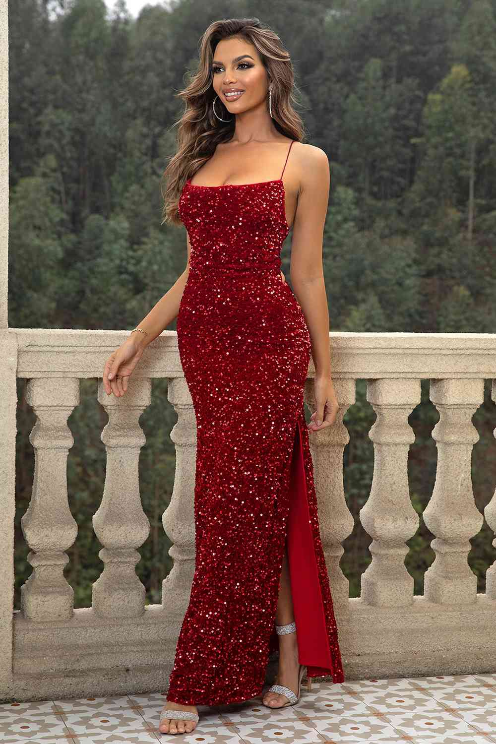 Sequin Backless Split Maxi Gown