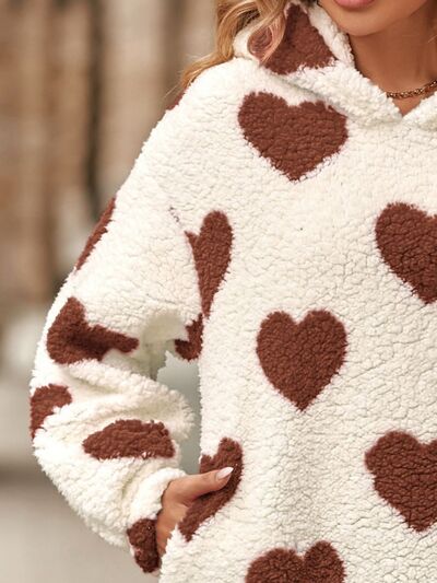 Warm White Fuzzy Heart Print Pocketed Hoodie