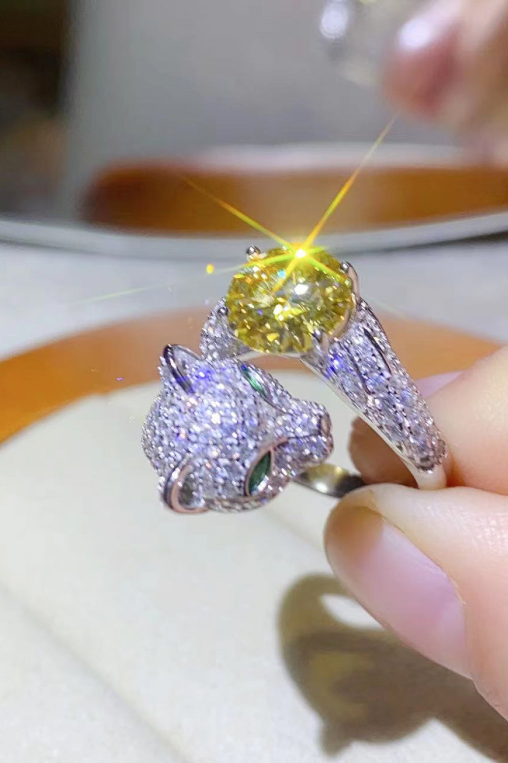 2 Carat Yellow Moissanite Gem  Feline Shaped Ring