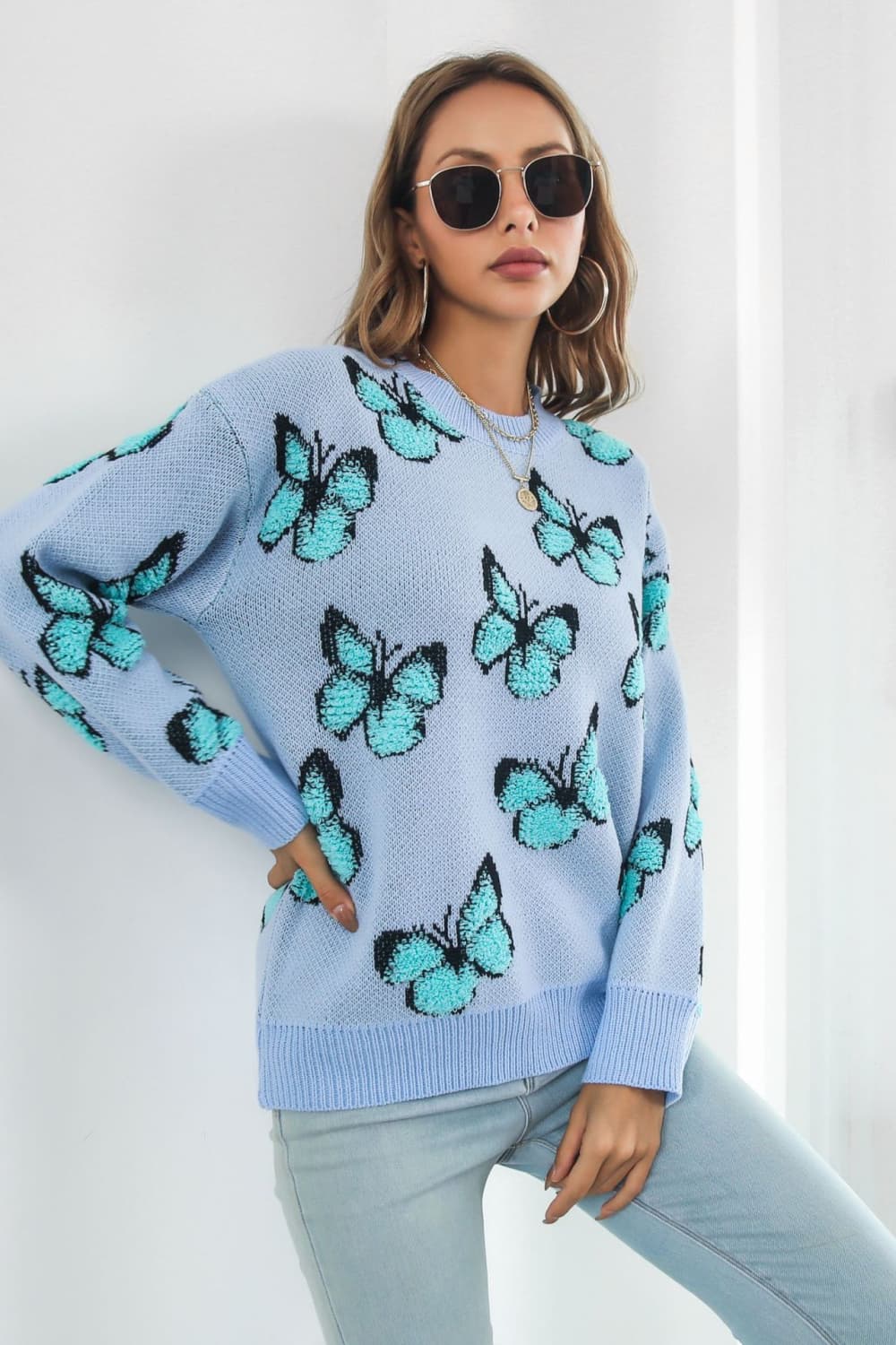 Butterfly Lover Round Neck Ling Sleeve Sweater