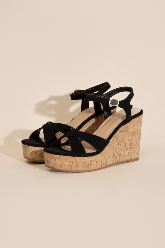 Black Wedge Sandals with Cork Color Heel