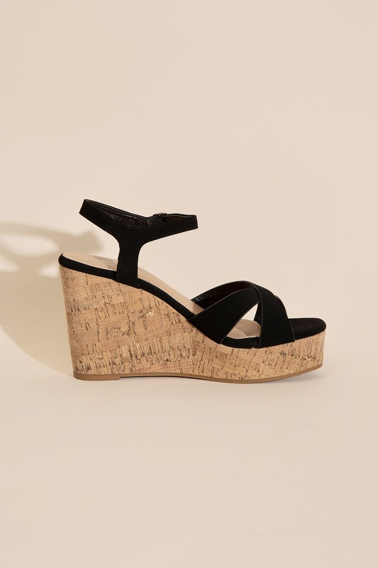 Black Wedge Sandals with Cork Color Heel