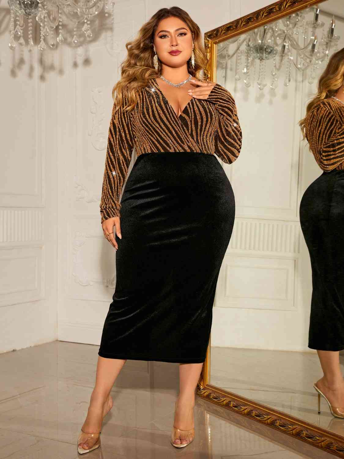 Tiger Print Long Sleeve Black Dress