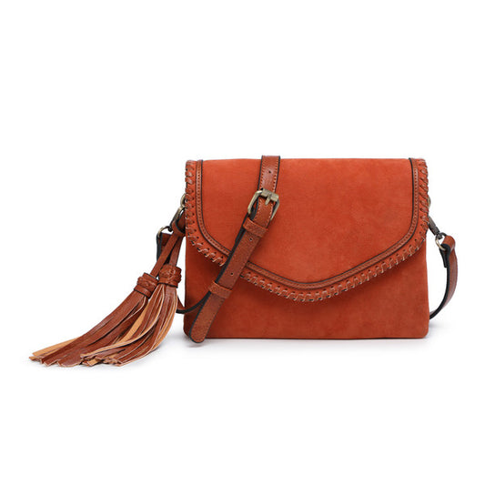 Jen & Co. Sloane Suede Flapover Crossbody w/ Whipstitch & Tassel