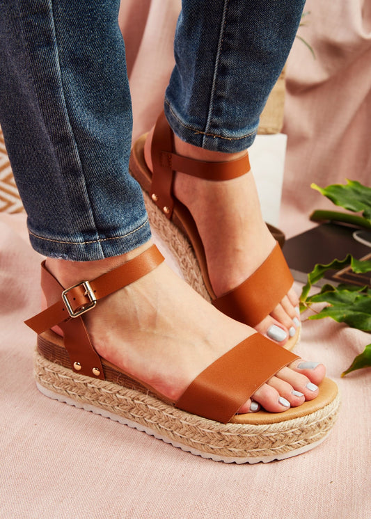 Veronica Cognac Flat Wedge Sandals