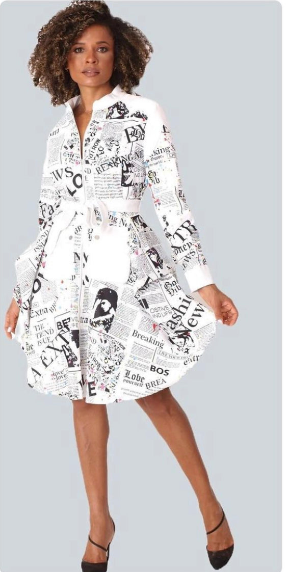 Newspaper Print Collar Long Sleeve Dress